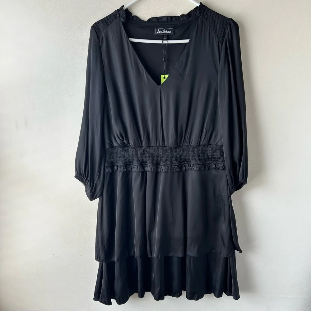 Sam Edelman Long Sleeve Tiered Dress Silky Smock Waist Black L NWT